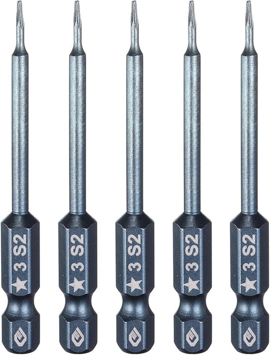 HARFINGTON 5pcs 5-Point Torx Screwdriver Bit 1/4" Hex Shank 3mm Magnetic Head 2.6" Length S2 Steel Pentagon Star Screw Driver Bit for Repair Work Electric Screwdriver, Blue