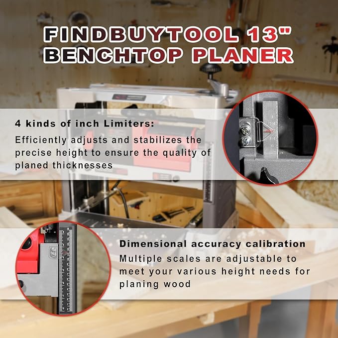 FindBuyTool 13" Benchtop Wood Thickness Planer with Helical Cutterhead, 120V 15-AMP 20000RPM Power Electric Motor Infeeding Worktable for Woodworking