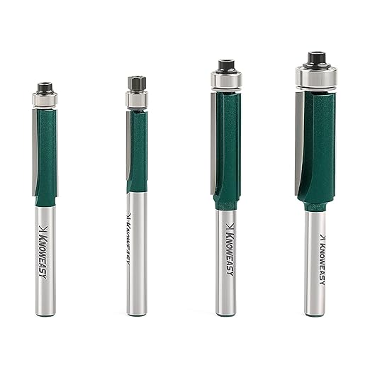 Knoweasy Professional Flush Trim Router Bit Set with 1/4 Inch Shank, 4PCS Top Bearing Router Bits for Woodworking, Includes 1/4, 5/16, 3/8 and 1/2 Inch Bearing Sizes
