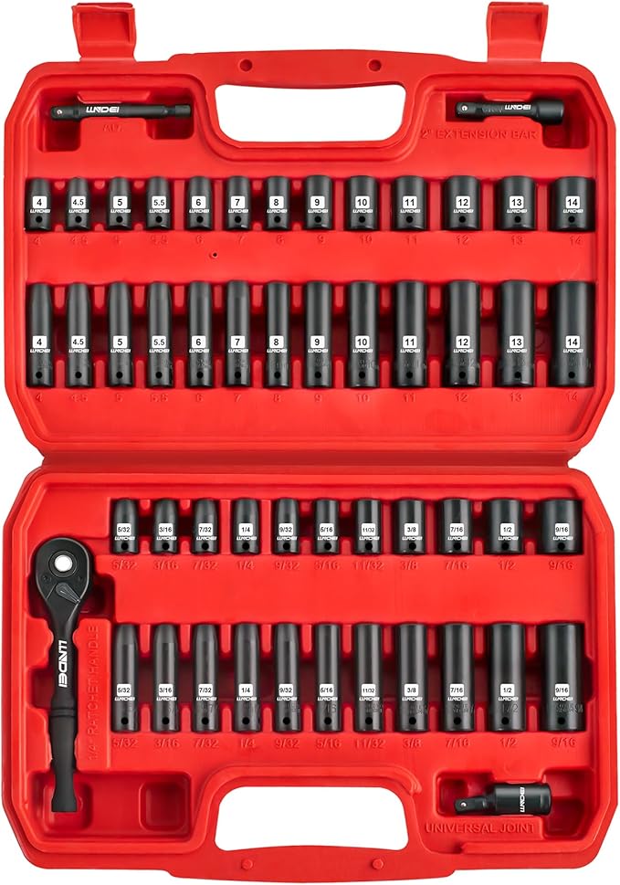 LLNDEI 1/4?쒭rive Impact Socket Set, 52 PCS Mechanic Tool Set with 72-Tooth Ratchet & Adapter, CR-V, Metric and SAE Sockets Storage Kit for Household Automotive Repair DIY Project