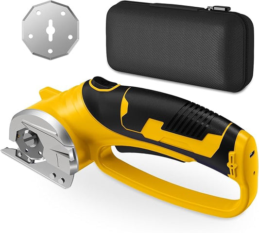 Cordless Electric Scissors, 4V Rechargeable Box Cutter & Cardboard Cutter with LED Light, Safety Lock - Rotary Cutter for Fabric, Leather, Carpet, Plastic, Crafting, Sewing with Storage Box(Yellow)