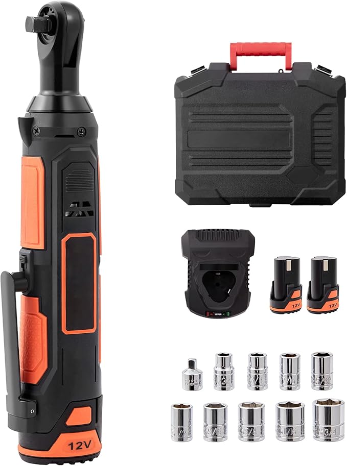 VEVOR 3/8" Cordless Electric Ratchet Wrench Set, 33 Ft-lbs 12V Power Ratchet Tool Kit with 45-Min Fast Charge, 2-Pack 2.0Ah Battery, Built-in LED Light, Variable Speed Trigger, 10 Sockets