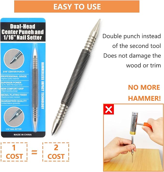 1/16?쿏ual Head Nail Setter and 3/16?쿎enter Punch, 3500 PSI Striking Force Counter Punch Spring Nail Set
