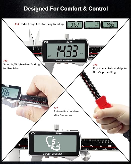 Digital Caliper 12 Inch, 짹0.001" High Precision, Rechargeable & IP54 Calipers Measuring Tool, Stainless Steel Vernier Caliper 300mm with Large LCD, MM/Inch/F, Rubber Grip for 3D Printing, Machine Shop