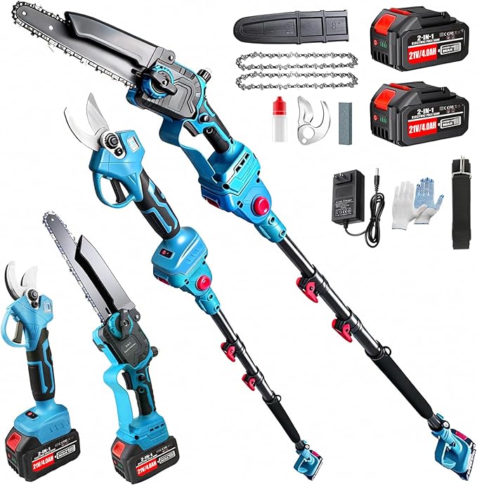 4-in-1 Electric Pole Saws Cordless 8 Inch & Electric Pruning Shears for Tree Trimming with 16FT Extension Pole & 2횞4.0Ah Battery Powered, Brushless Tree Trimmer Pole Saw Limb Branch Cutter Tree Pruner