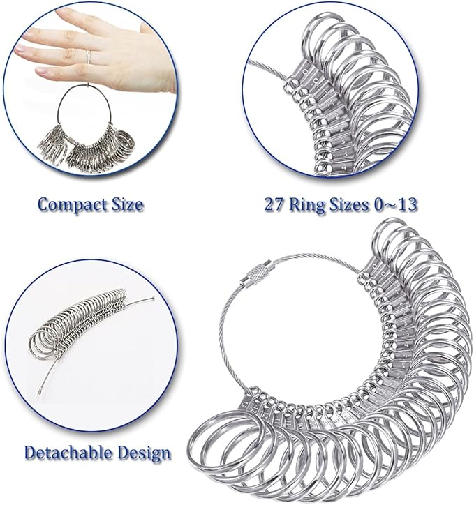 Ring Sizer Measuring Tool Ring Mandrel Set Ring Sizer Tool Ring Sizer Gauge US&UK Size Ring Mandrel Stainless Steel Rubber Jewelers Mallet Hammer