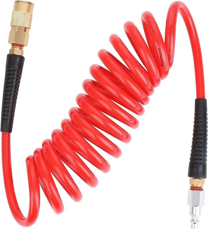 Hromee 1/4-Inch x 10ft Polyurethane Recoil Air Hose with Fittings Compressor Hose with 1/4 in. Industrial NPT Coupler and Plug Kit, Red
