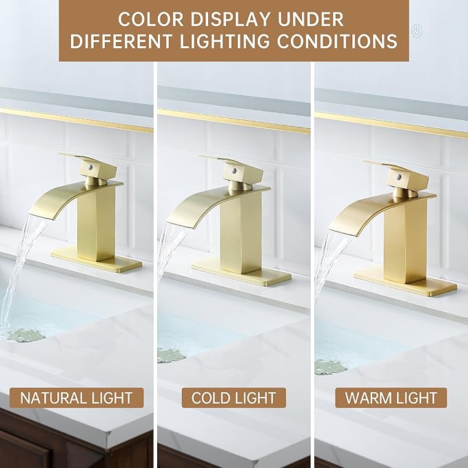 FRANSITON Black Waterfall Bathroom Faucet Lavatory Single Handle 1 or 3 Hole Bathroom Sink Faucet Washbasin Faucet with Deck and Pop-up Drain (Brushed Light Gold, Short)