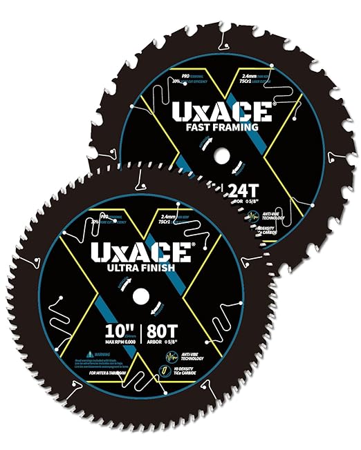 UXACE 10-Inch 24&80-Tooth Circular Saw Blade with 5/8-Inch Arbor, Framing & Ultra Finish Wood Cutting, Carbide Tip, Thin Kerf, for Plywood, MDF, OSB, Laminated, 2 Pack