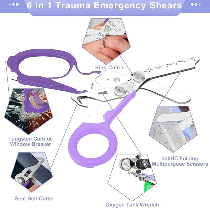 Multi Tool 6 in 1 Emergency Response EMT Shears With Holster竊똕tainless Steel Foldable Trauma Shears with Strap Cutter and Glass Breaker, Outdoor Camping Tools (Purple)