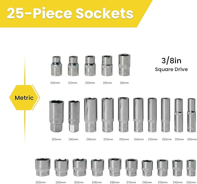 3/8" Drive Impact Small Socket Set, 30PCS Metric Deep/Shallow Socket Set, with Storage Box, Mechanics Tool Kit for Garage, Car, Motorcycle & Bicycle Repair, Extension Bar, Universal Joint