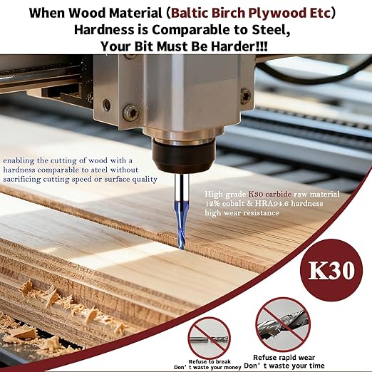 CNC 1/8 Downcut Router Bit with 1/4 Shank Nano Blue Coating Carbide 2 Flute Down Cut Spiral Router Bit for Wood MDF Plywood Cut Carving Carbide End Mill 1/2'' CL, 2-1/2 OVL