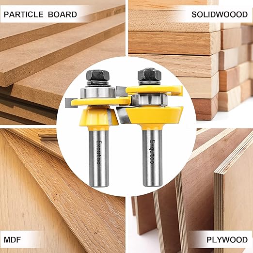Exqutoo 1/2-Inch Shank 2 Set Bevel Shaker Rail and Stile Router Bits, Rail and Stile Router Bit Set for Cabinet Door Rail, Stile and More (3/8-Inch Cutting Depth, 7/8-Inch High)