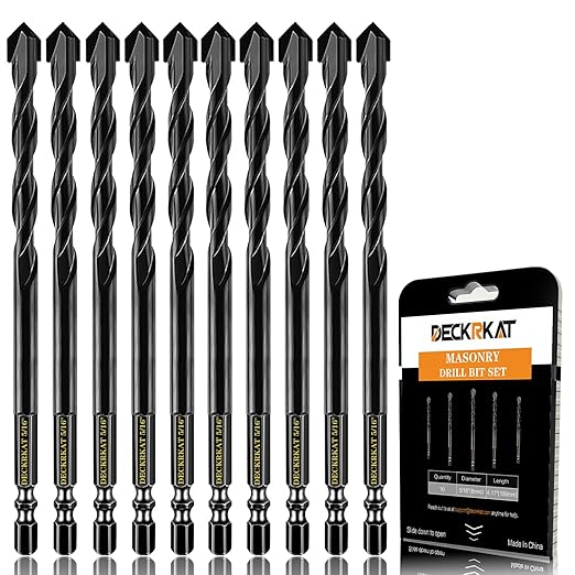 DECKRKAT 10-Piece 5/16" Carbide Masonry Drill Bits for Concrete, Brick, Tile - Black Hex Shank Set w/Heavy-Duty Case, Quick Change Fit Drill Driver