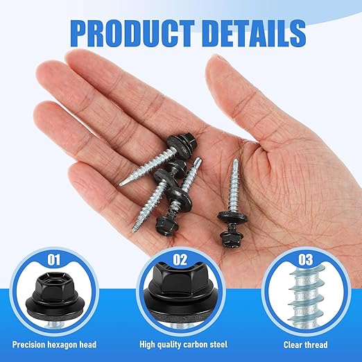 LEIFIDE 500 Pcs Metal Roofing Screws 10 x 1-1/2" Galvanized Hex Head Self Starting Metal to Wood Siding Screw(Black)