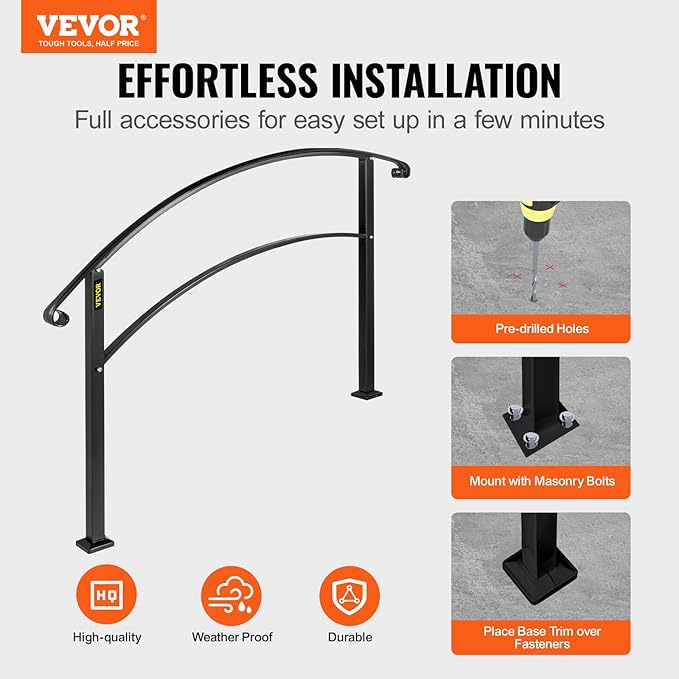 VEVOR Outdoor Steps Handrail, Black Arch#1 Adjustable Metal Staircase Railing for Porch & Deck