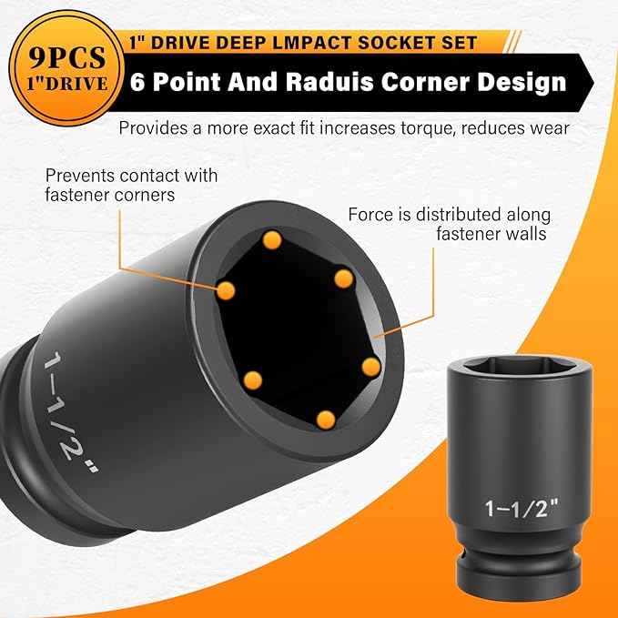1" Drive Jumbo Impact Socket Set,9 PCS SAE (1to 2 INCH) Universal Hex Deep Socket Combination,CR-MO Alloy Steel,Heavy Duty Storage Case