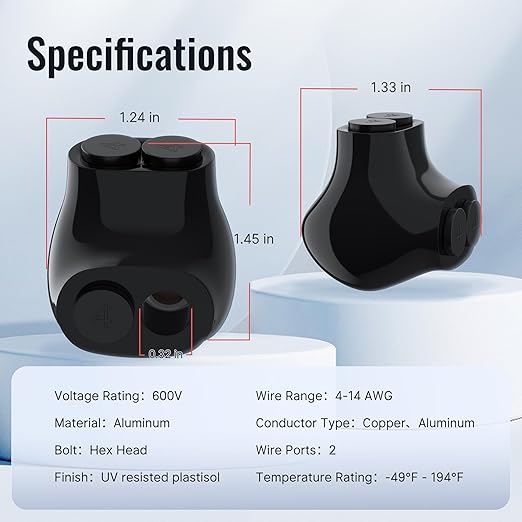 2 Port Insulated Multi Tap Connector 4-14 AWG Aluminum to Copper Wire Connectors Single-Sided Entry Aluminum Wire Connectors Slotted Allen Hex - 5 Pack