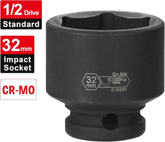 JETECH 1/2 Inch Drive 32mm Standard Impact Socket, Chrome Molybdenum Alloy Steel, Shallow 6-Point Design, Metric