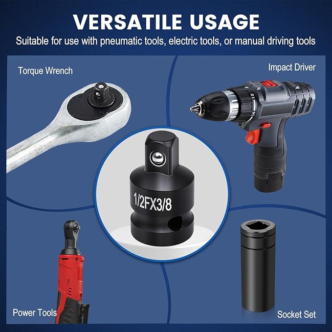 Impact Socket Adapter Set, 10-Piece 1/4" 3/8" 1/2" Drive Swivel Universal Joint Socket, Drill Adapter and Reducer Set for Automotive Repair and DIY