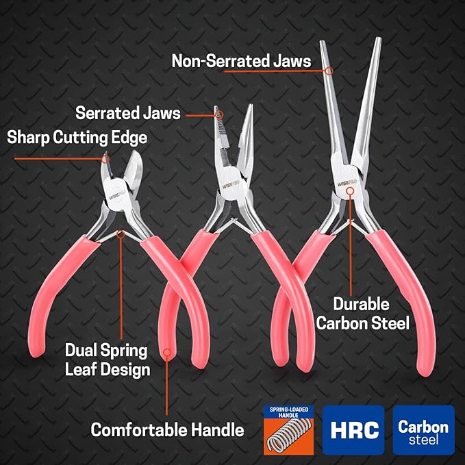 3 PCS Mini Pliers Set, Pink Jewelry Plier Kit with Needle Nose, Diagonal & Long Nose, Pink Tool Set for Women Jewelry Making, Repair and Crafts