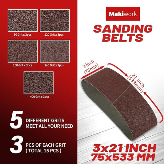 3 x 21 Inch 75 x 533 mm Sanding Belts Set - 15-Pack with 80/120/150/240/400 Grits, Aluminum Oxide Abrasive Belts for Woodworking