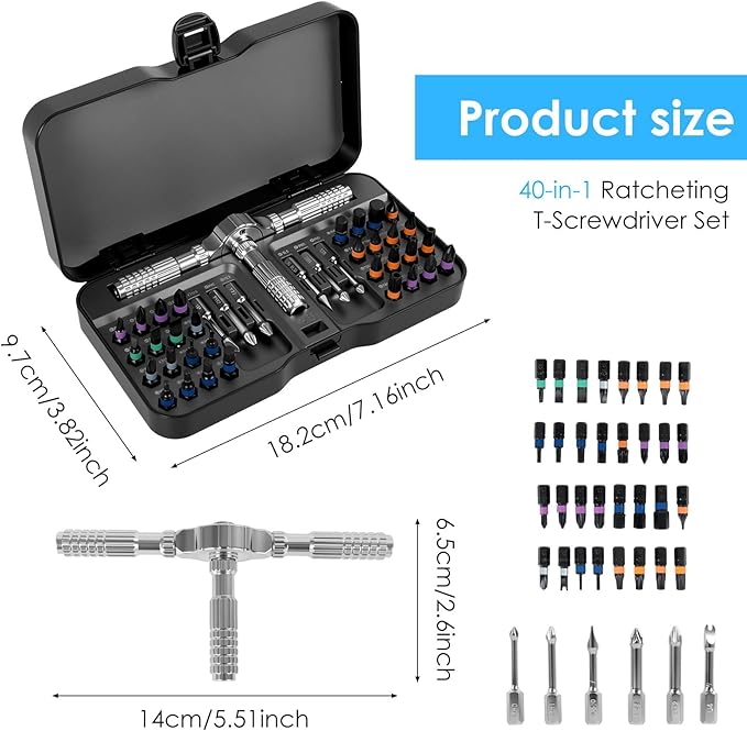 40 in 1 Magnetic Ratchet Screwdriver Set竊?Multi Bit Magnetic Ratcheting Screwdriver with Ergonomic Handle for Furniture竊똓epair Tool Kit for Computer Bicycle Furniture DIY(Silver black)