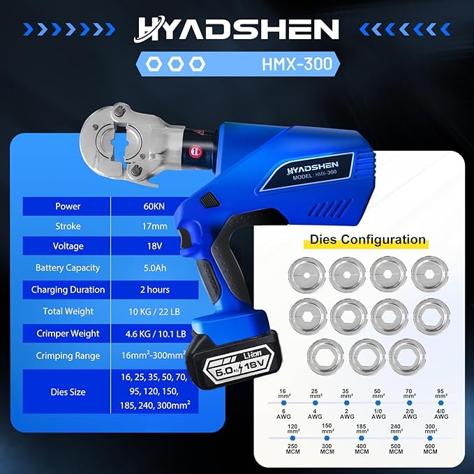 Electric Hydraulic Cable Lug Crimper Pliers Rechargeable Crimping Tool 6 Ton Electrical Terminal Cable Wire Fiber Crimper Kit with 11 Dies (HMX-300)