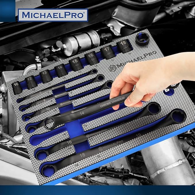 MichaelPro 18-Piece Bolt Extractor Wrench and Socket Set, 45째 Offset Wrenches Metric 6-19mm, 6-Point Box End Nut for Rounded, Stripped & Thin Bolts Removal, CR-V Steel, Extractor Sockets 10-19mm