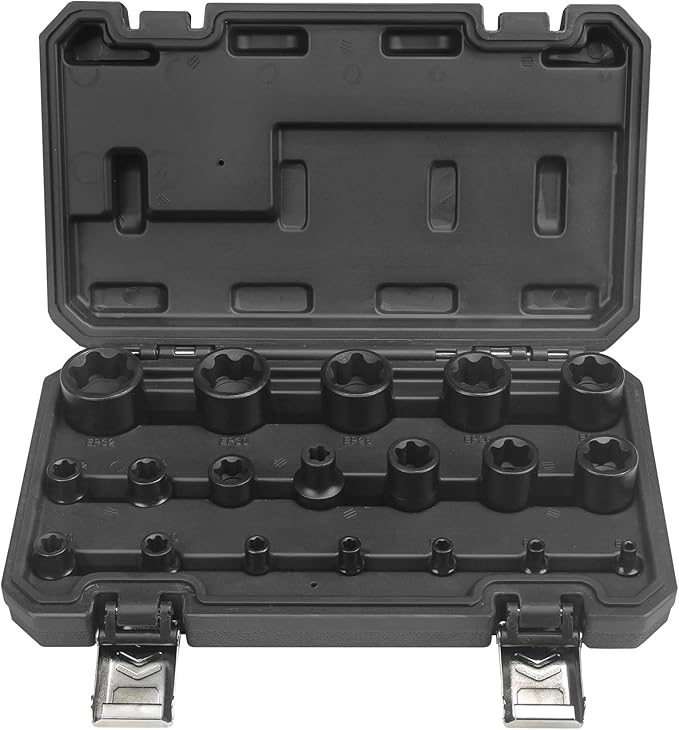 19pc External Torx Plus Socket Set 6 Point EP4, EP5, EP6, EP7, EP8, EP10, EP11, EP12, EP14, EP16, EP18, EP20, EP22, EP24, EP26, EP28, EP30, EP32 with 1/2'' 3/8'' 1/4'' Dr E-Torx Plus Socket