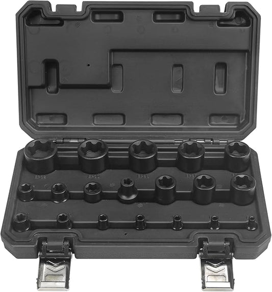 19pc External Torx Plus Socket Set 6 Point EP4, EP5, EP6, EP7, EP8, EP10, EP11, EP12, EP14, EP16, EP18, EP20, EP22, EP24, EP26, EP28, EP30, EP32 with 1/2'' 3/8'' 1/4'' Dr E-Torx Plus Socket