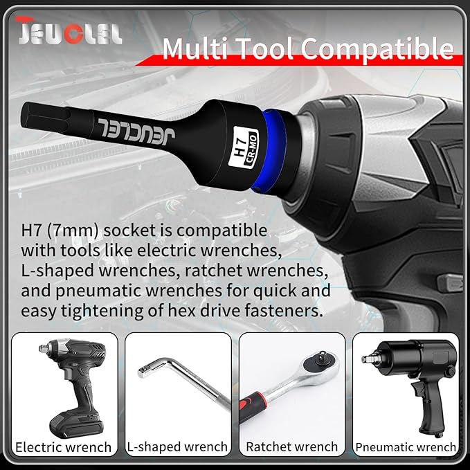 7mm Hex Impact Bit Socket, H7 1/2-Inch Impact Drive Allen Socket, Cr-Mo Steel Lengthen Hex Screwdriver Adapter for Electric Ratchet Wrenches Fastening Screws