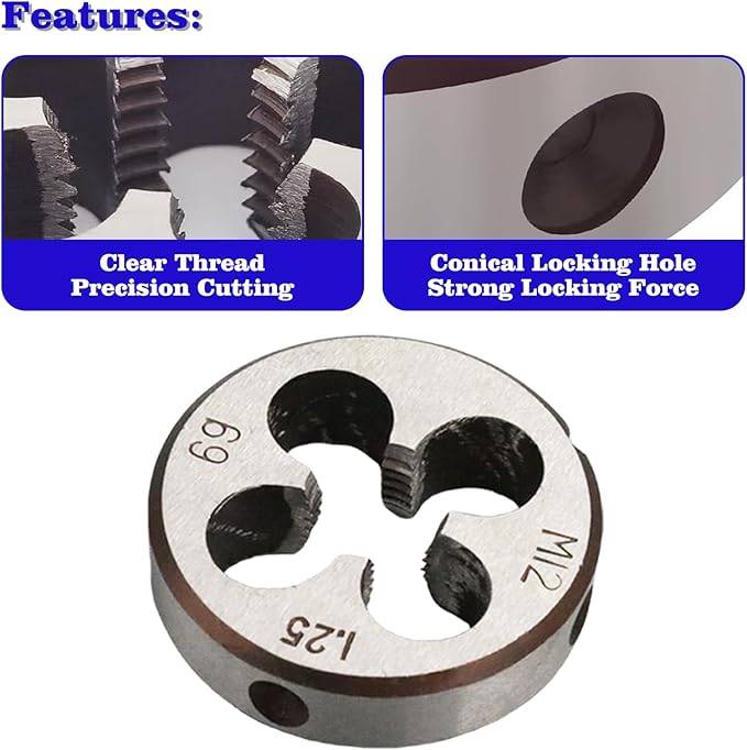 M12 x 1.25 Metric Thread Tap and Die Set, M12 x 1.25mm High-Speed Steel Machine Tap and Die Set, Right Hand Thread Tap and Round Thread Die