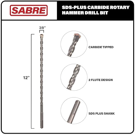 3/8 Inch x 12 Inch SDS Plus Rotary Hammer Drill Bit, Carbide Tipped for Brick, Stone, and Concrete Version 2 (3/8" x 10" x 12")