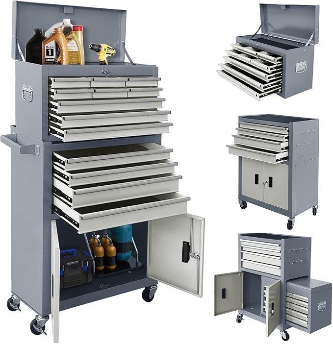 13-Drawer Rolling Tool Chest with Double Doors, 2 in 1 Detachable Rolling Tool Chest with Drawers, Mobile Tool Cabinet Combo, Metal Large Lockable Tool Box for Garage Workshop (Gray)