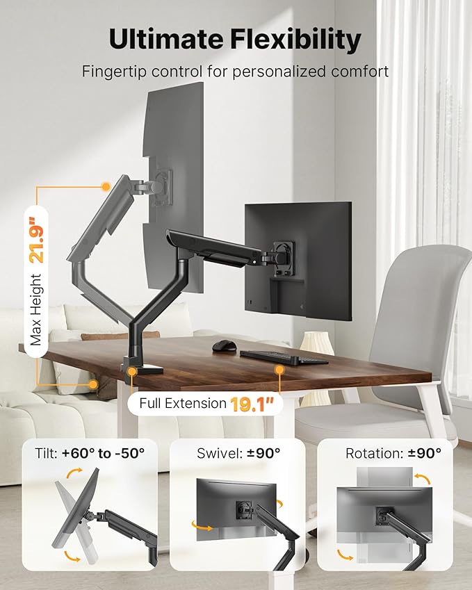 monTEK Sleek Aluminum Monitor Arm for 17??7??Ultrawide Screens up to 59.4 lbs, USB 3.0 A/C, Heavy Duty Single Monitor Arm Desk Mount, Pneumatic Lift, Quick-Release Plate, Clamp/Grommet, VESA 100x100