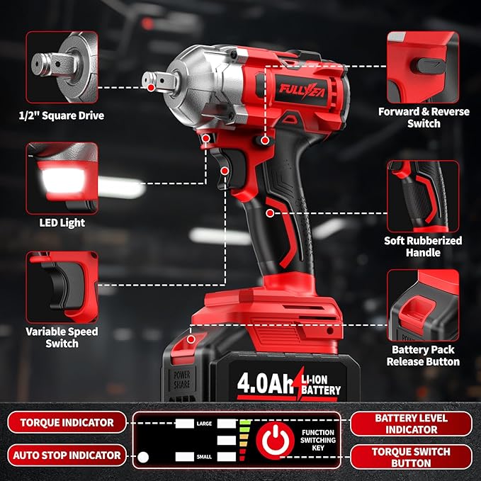Cordless Impact Wrench 1/2 Inch, 406Ft-lbs (550N. M) Brushless Impact Gun Kit, 3000RPM High Torque Power Impact Wrench, 4.0Ah Battery & Fast Charger, Electric Impact Driver for Car Home