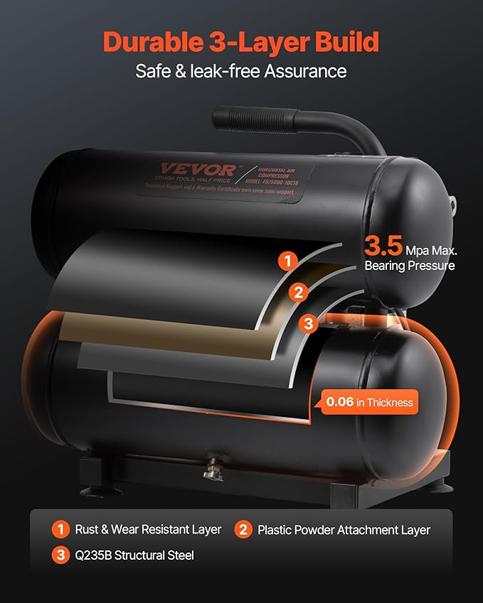 VEVOR Air Compressor, 4.6 Gallon Steel Tank, 1HP 2.2CFM@90 PSI Oil Free Air Compressor & Max 120PSI Pressure, 80dB Ultra Quiet Portable Compressor for Auto Repair, Tire Inflation, Spray Painting, 120V