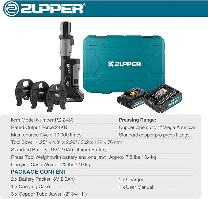 ZUPPER Compact Pro Press Tool kit with 1/2", 3/4", 1" Copper Pro Press Jaws, 2pcs Battery, Fast Charger & Carrying Case