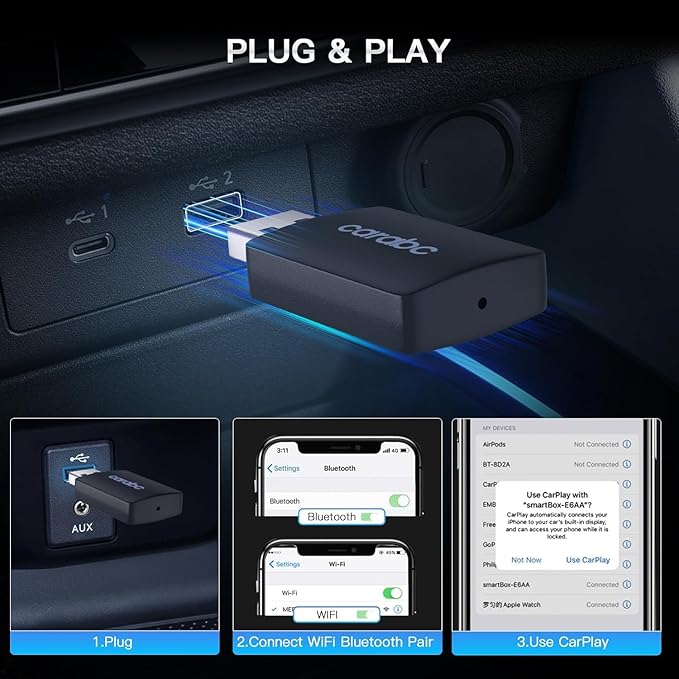 Wireless CarPlay Adapter for Apple iPhone - Converts Factory Wired to Wireless CarPlay, Plug-and-Play, Auto Connect, Compatible with Car from 2014 Onwards & iOS 10 +