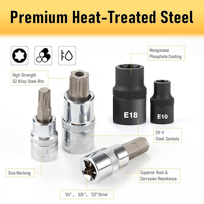 107-Piece Master Torx & Allen Bit Socket Set, S2 Steel, 1/4" 3/8" 1/2" Drive, Long Torx, Ball End Hex, Tamper-Resistant Star, E-Star Sockets, SAE & Metric (Chrome-Polished Set)