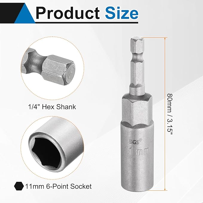 HARFINGTON 2pcs Nut Driver Drill Bit 11mm Metric Socket 1/4" Hex Shank 3.15" (80mm) Long 6-Point Sockets Quick Change CR-V Steel Bolt Setters for Power Drill Drivers