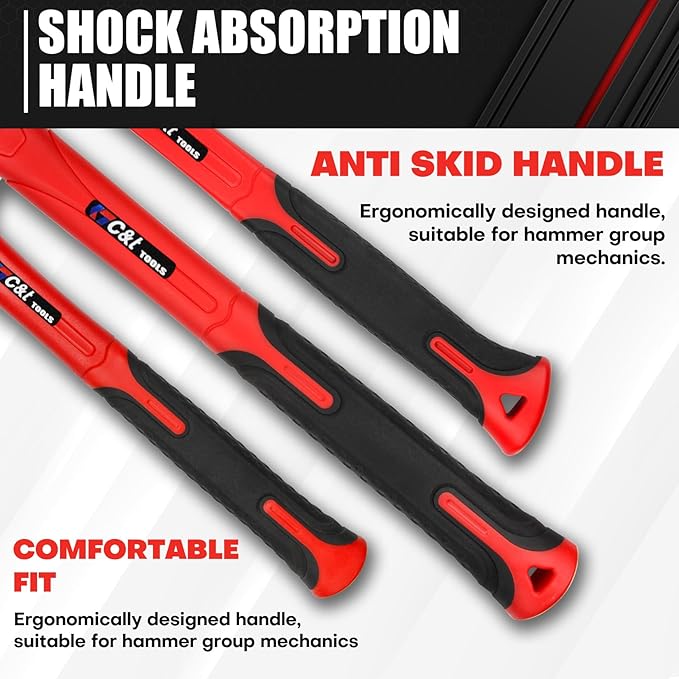C&T 5-Piece Hammer Set, 16oz Ball Peen Hammer | 32oz Ball Peen Hammer | 32oz Rubber Mallet | 3lb Sledge Hammer | 3lb Cross Peen, Fiberglass Handle & Mallet Set