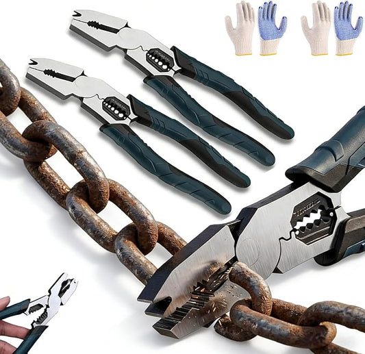 Industrial-Grade Multi-function Cutting Pliers, 9-in-1 Multi-Functional Pliers Nail Puller/Wire Cutter/Stripper/Crimper?봀ompound Action Leverage Design for Repair (2Pcs)