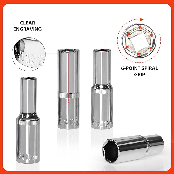 Egofine 10PCS 1/2??Drive Deep Socket Set,Metric Socket Set竊?0mm-21mm,6 Point Socket Set With Hanging Bracket,Cr-V Steel