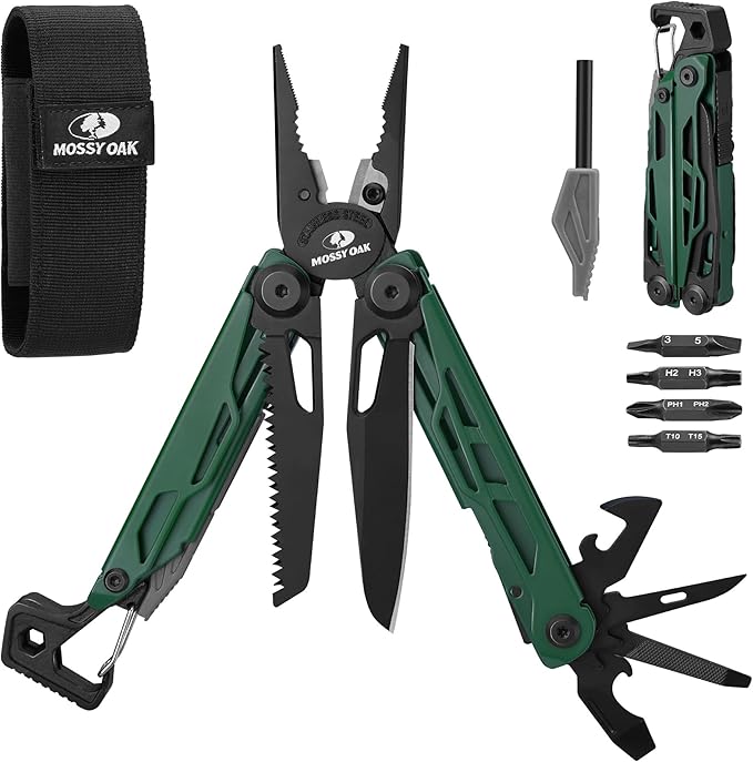 MOSSY OAK CNC-Machined Multitool Pliers, 27-in-1 Multi Tool with Pocket Knife, Fire Starter & Whistle, Bottle Opener, Screwdriver ??Self-Locking Survival Tool for Camping & Hiking