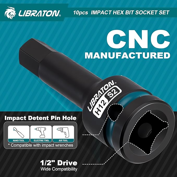 LIBRATON Impact Hex Bit Socket Set, 1/2" Dr, S2 Steel, 10PCS High Torque Sockets(Metric H5-H19) for Professional Mechanics & Automotive Repair (XPE Storage Case)