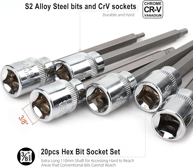 20PCS Extra Long Hex Bit Socket Set 3/8 Inch Drive | Standard SAE & Metric (1/8-Inch - 3/8-Inch, 3-12mm) | S2 Alloy Steel Allen Bits | Heavy Duty Cr-V Sockets Set