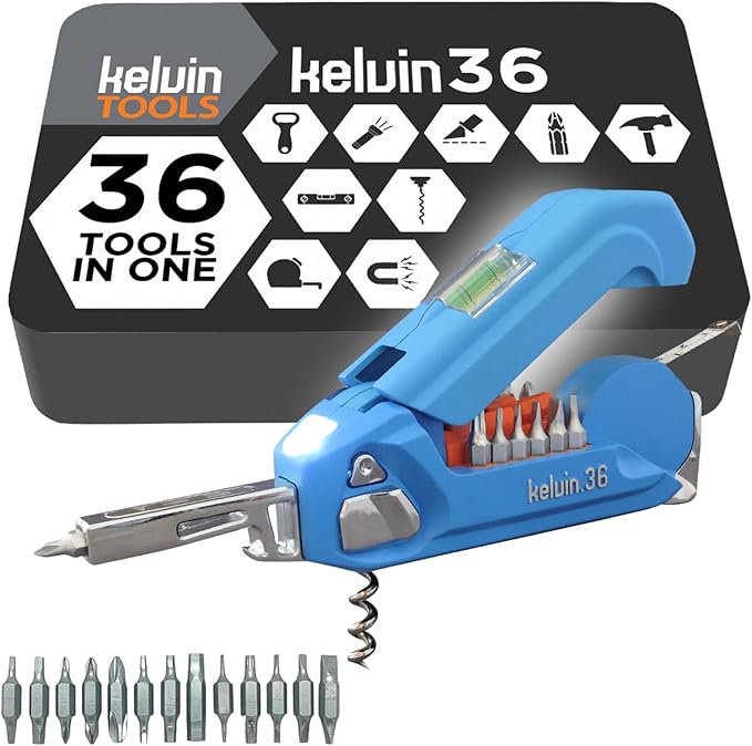 Kelvin Tools - Kelvin 36 Urban Multi Tool Screwdriver Set - All in One Hand Tool With 26 Interchangeable Bits, Tape Measure, Liquid Level, Hammer, Flashlight, Corkscrew and Magnetic Tip