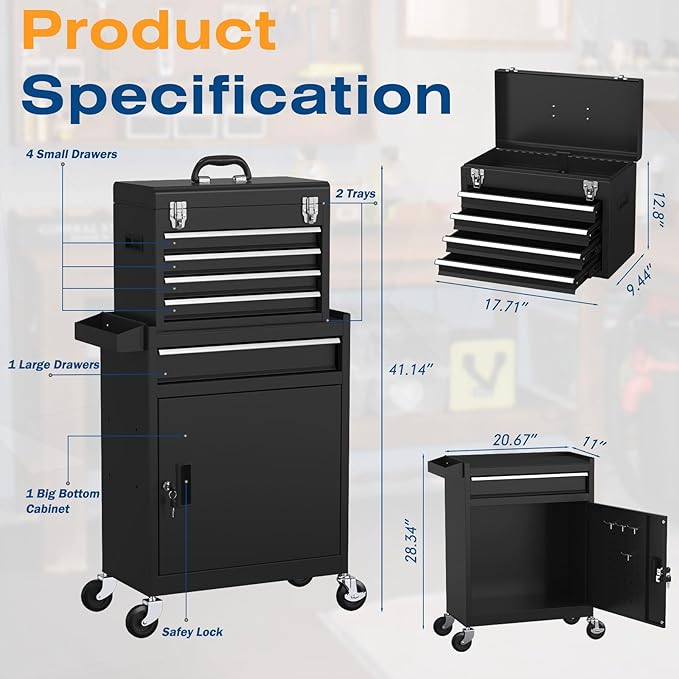 5-Drawers Tool Chest, 2-in-1 Rolling Tool Box with Wheels and Drawers, Detachable Storage Toolbox with Lock, Heavy-Duty Metal Tool Cart for Garage, Workshop (Black)